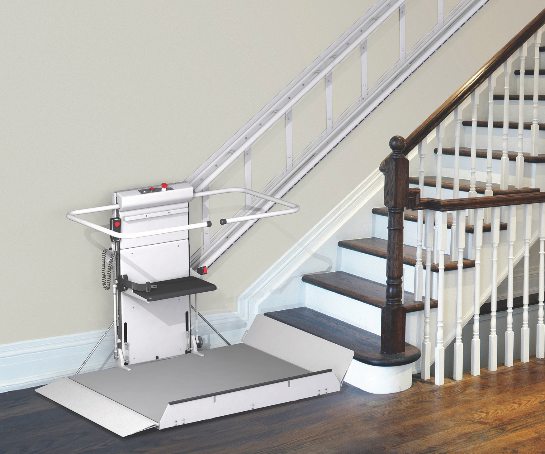 Inclined wheelchair lift installation on stair case