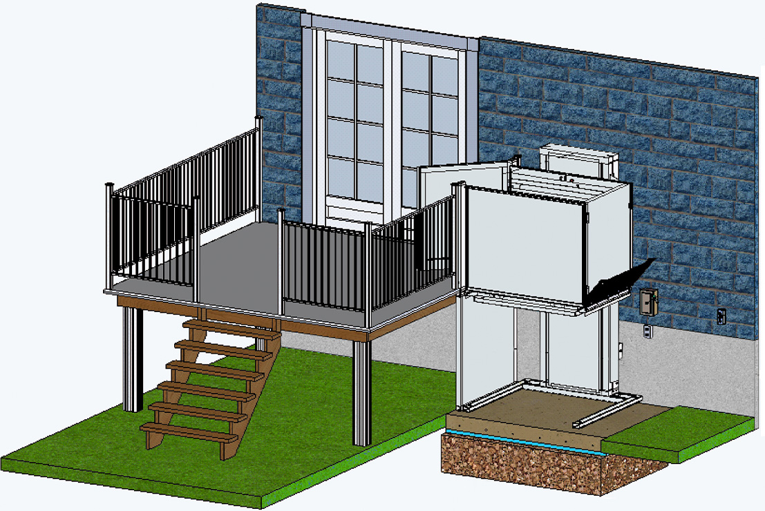 Vertical platform lift outdoor installation on backyard porch deck
