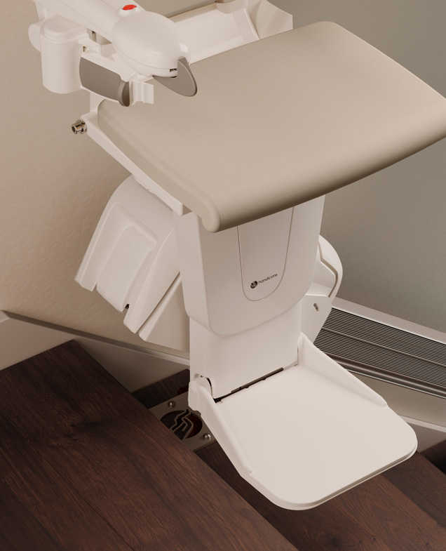 Stairlift parked at top step for reduced intrusion with the top landing