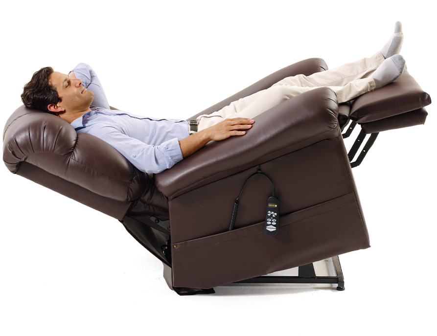 Lift & recline chairs, man reclined in lift chair with feet elevated