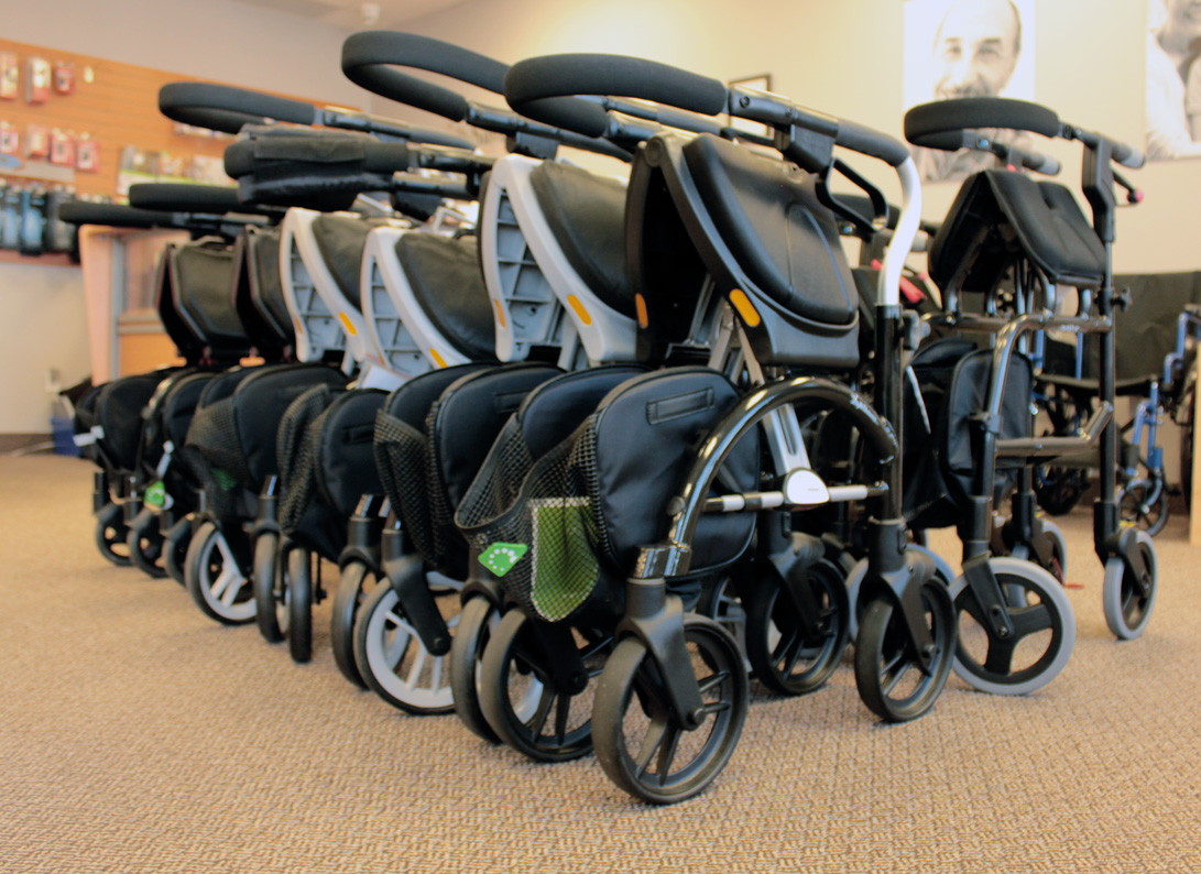 Row of rollators folded up, get rollator buying tips in store