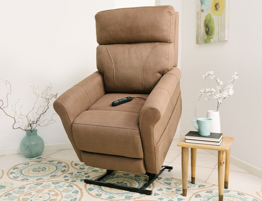 Brown lift chair with remote on left hand side