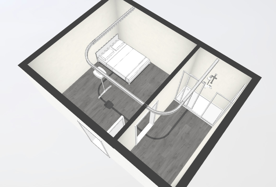 Bird's eye view of a home ceiling lift installation showing a curved track going from bedroom to bathroom