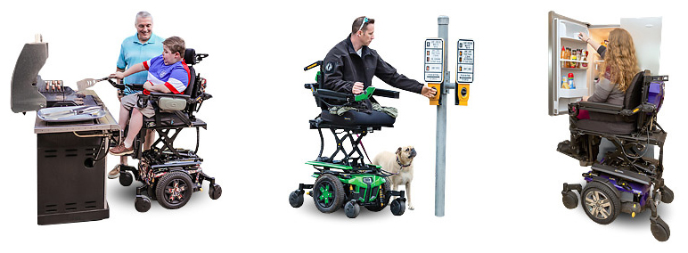 Electric power wheelchairs elevated to make daily activities easier like BBQing, getting something from the fridge or using a pedestrian stop light