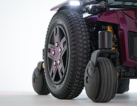 Close up of wheels on power wheelchair